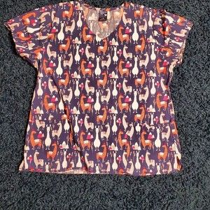 Zoe + Chloe Blue Llama Gray Orange White Scrub Top Women's L LARGE